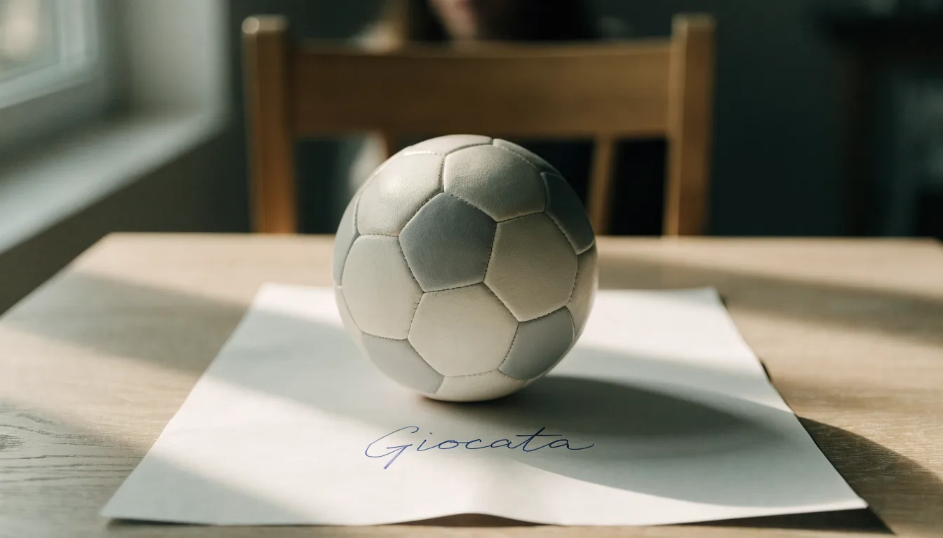 Un pallone da calcio appoggiato su una schedina bianca su un tavolo di legno, alla luce del giorno