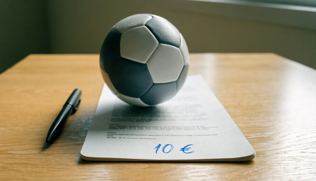 Un pallone da calcio appoggiato su una schedina bianca su un tavolo di legno, alla luce del giorno