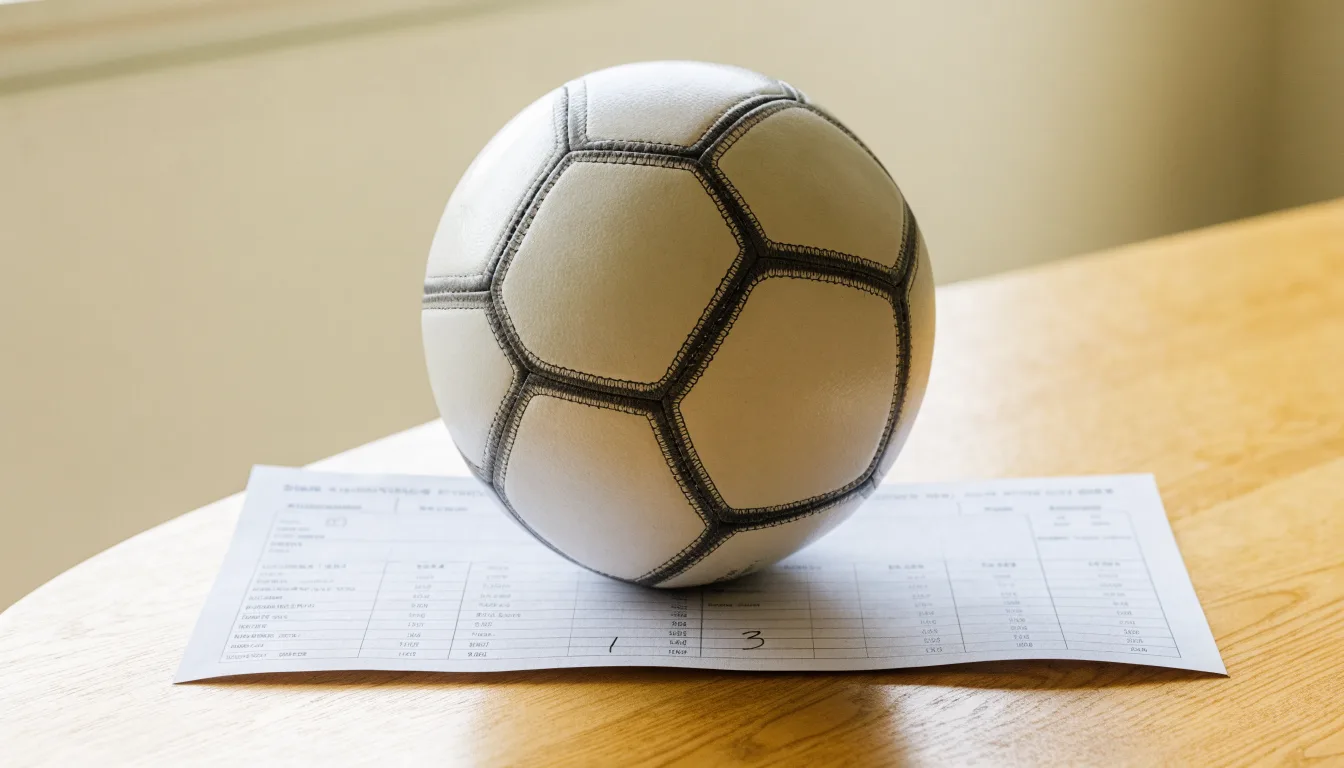 Un pallone da calcio appoggiato su una schedina bianca su un tavolo di legno, alla luce del giorno