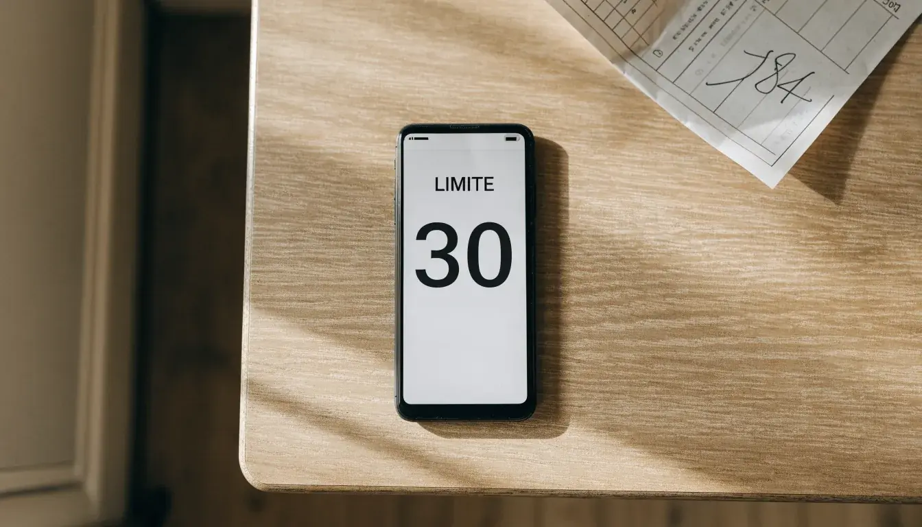 Un documento di identità appoggiato accanto a uno smartphone con un timer sullo schermo, su un tavolo da cucina
