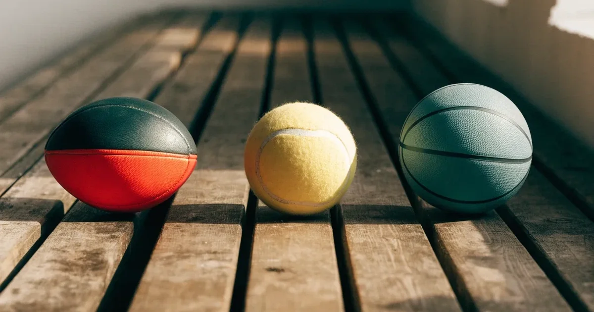 Tre palloni di sport diversi allineati uno accanto all'altro su una panca di legno