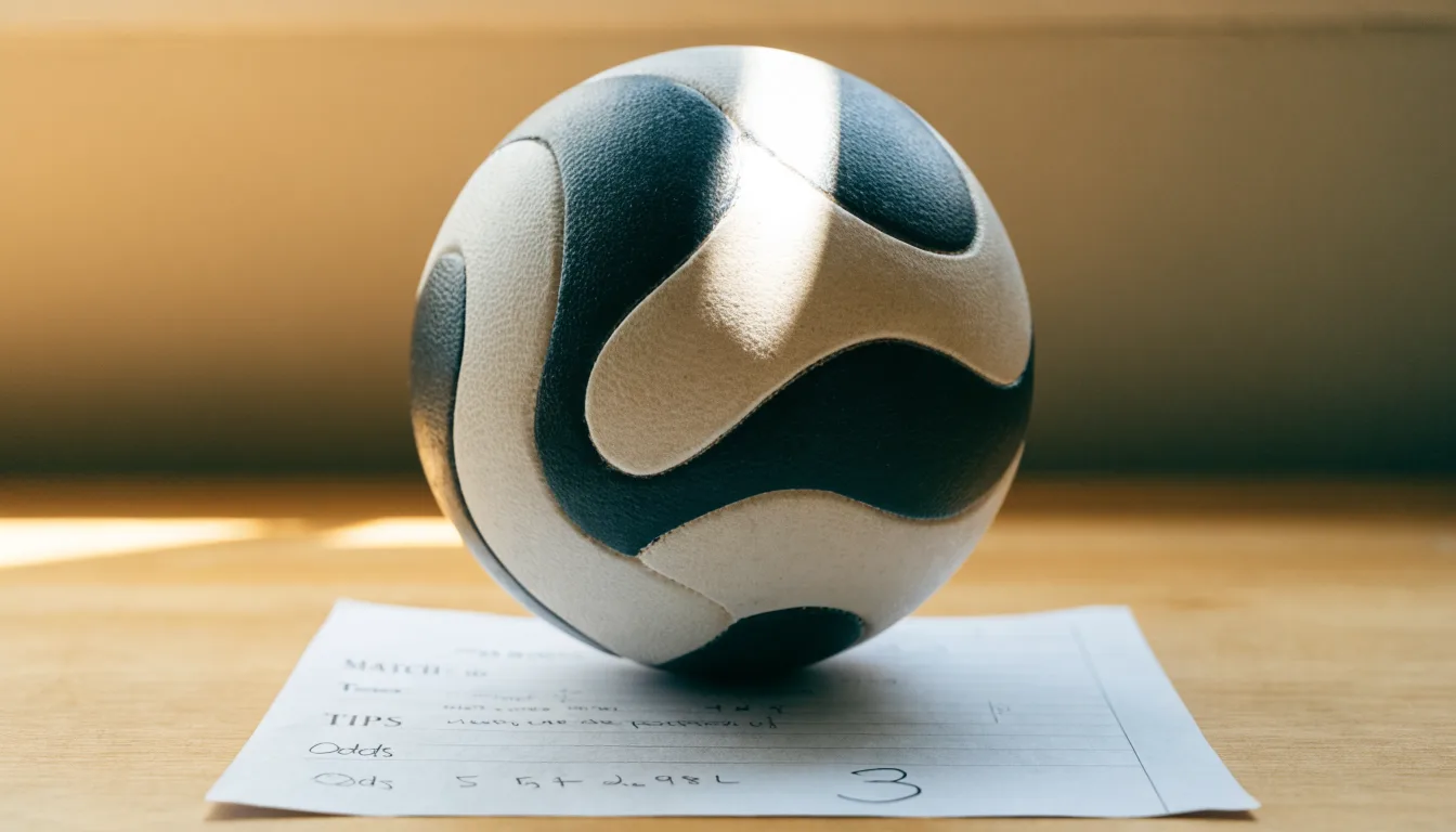 Un pallone da calcio appoggiato su una schedina bianca su un tavolo di legno, alla luce del giorno