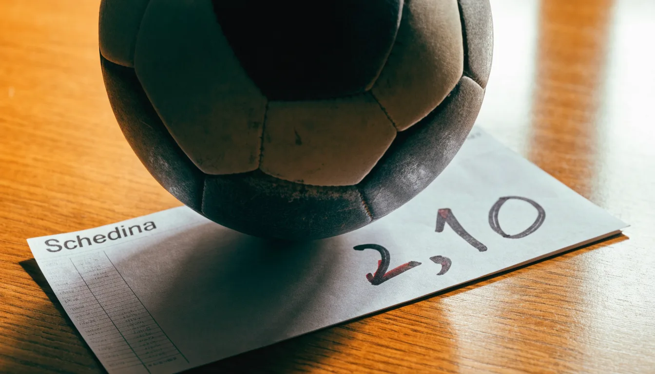 Un pallone da calcio appoggiato su una schedina bianca su un tavolo di legno, alla luce del giorno