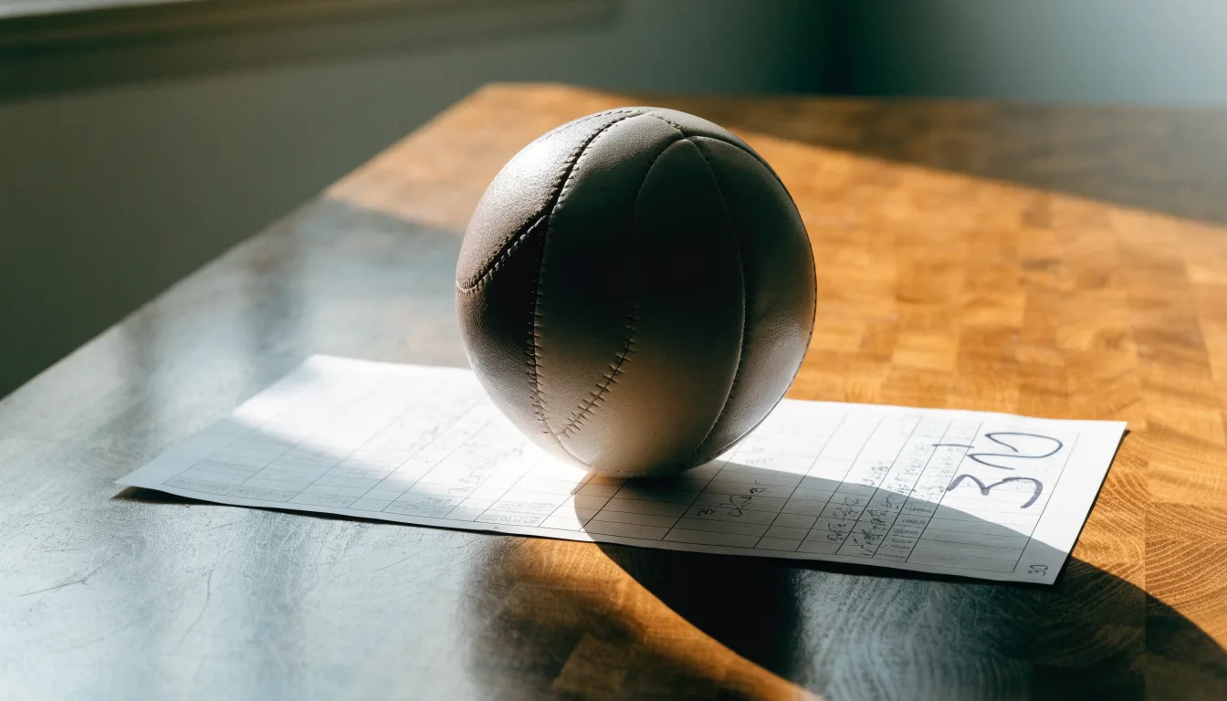 Un pallone da calcio appoggiato su una schedina bianca su un tavolo di legno, alla luce del giorno