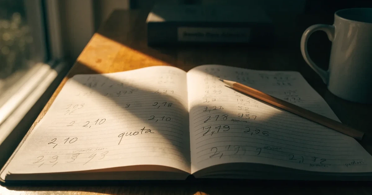 Un quaderno aperto con quote scritte a mano, una calcolatrice e una matita su un tavolo di legno