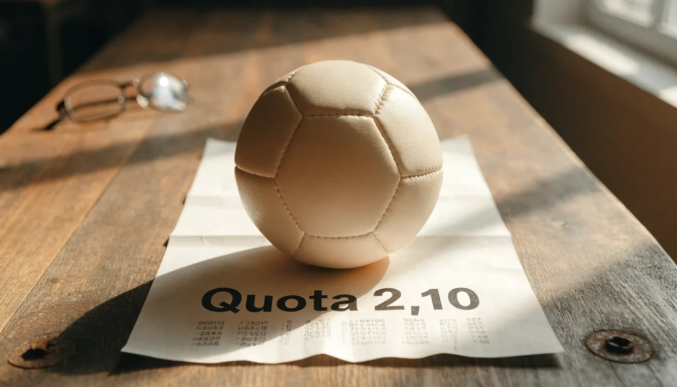 Un pallone da calcio appoggiato su una schedina bianca su un tavolo di legno, alla luce del giorno