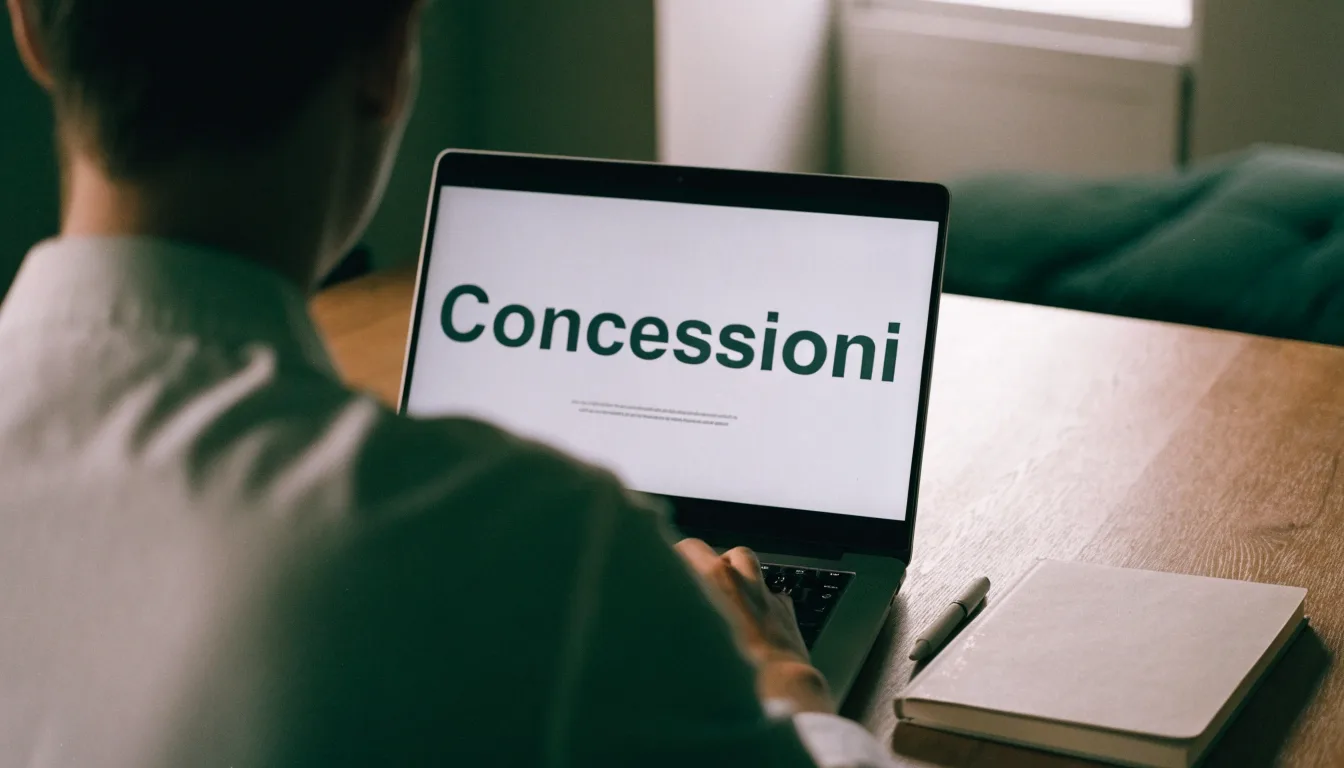Un foglio di concessione in carta con un timbro rosso, appoggiato su una scrivania di legno accanto a una penna