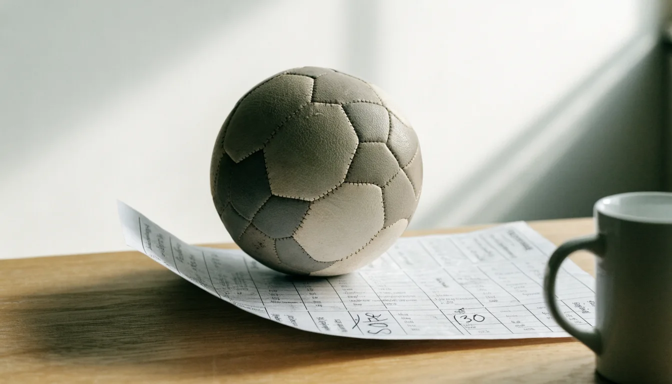 Un pallone da calcio appoggiato su una schedina bianca su un tavolo di legno, alla luce del giorno