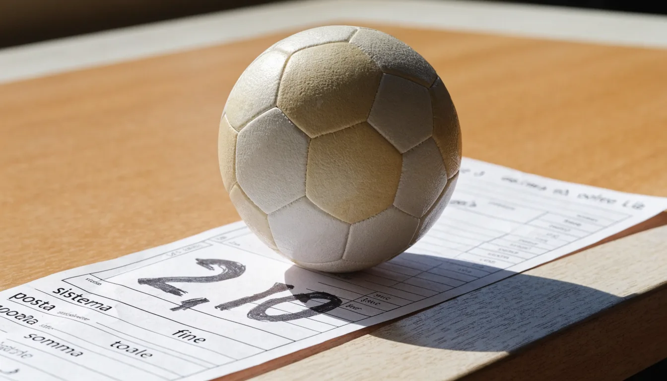 Un pallone da calcio appoggiato su una schedina bianca su un tavolo di legno, alla luce del giorno