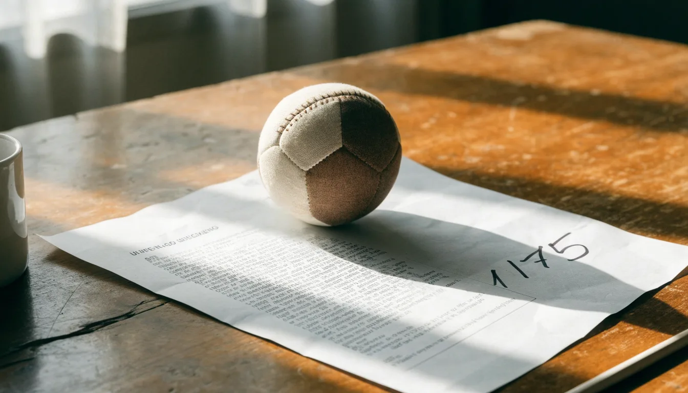Un pallone da calcio appoggiato su una schedina bianca su un tavolo di legno, alla luce del giorno