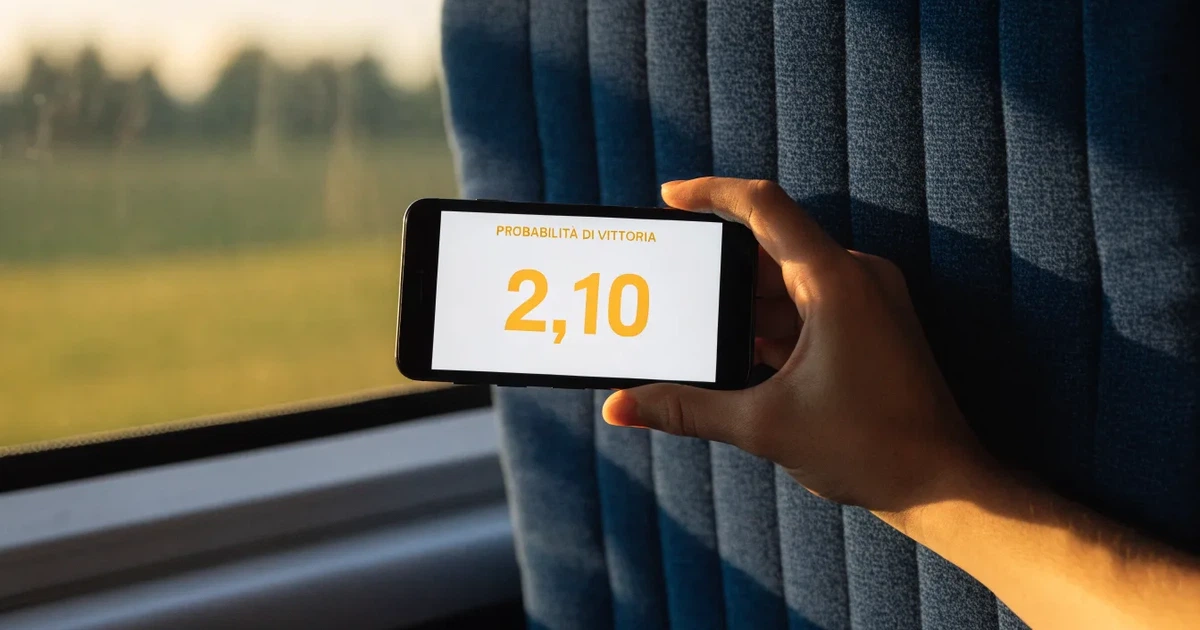 Una mano che tiene uno smartphone con una scommessa sullo schermo, su un treno nel tardo pomeriggio