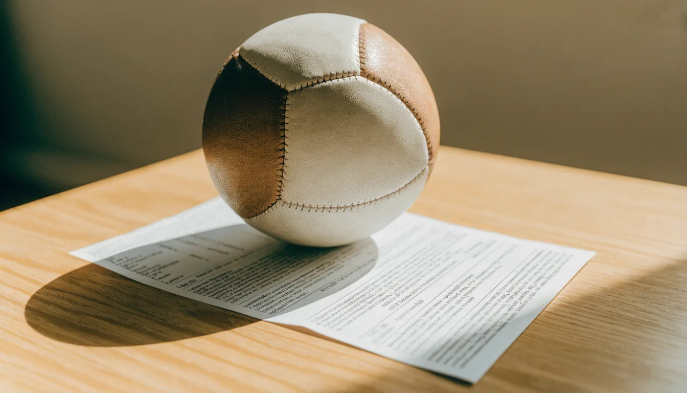 Un pallone da calcio appoggiato su una schedina bianca su un tavolo di legno, alla luce del giorno