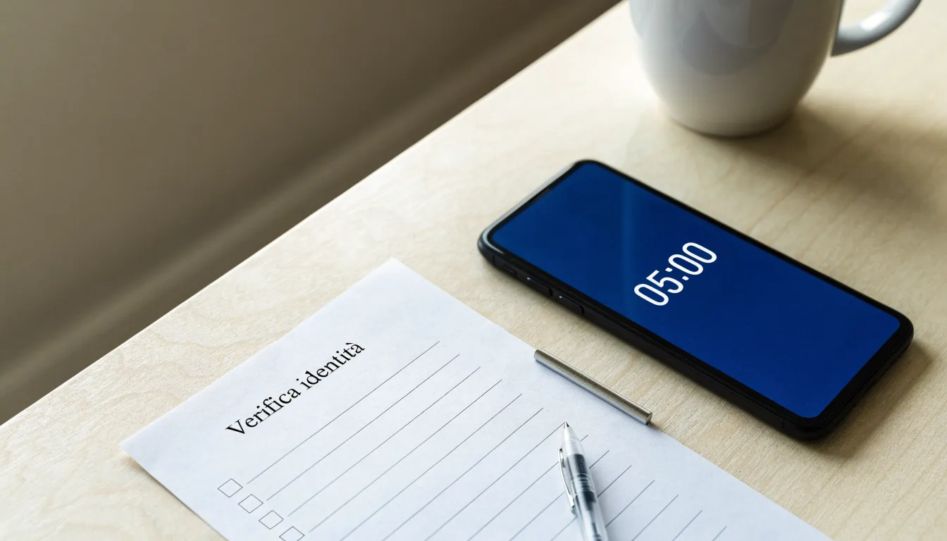 Un documento di identità appoggiato accanto a uno smartphone con un timer sullo schermo, su un tavolo da cucina