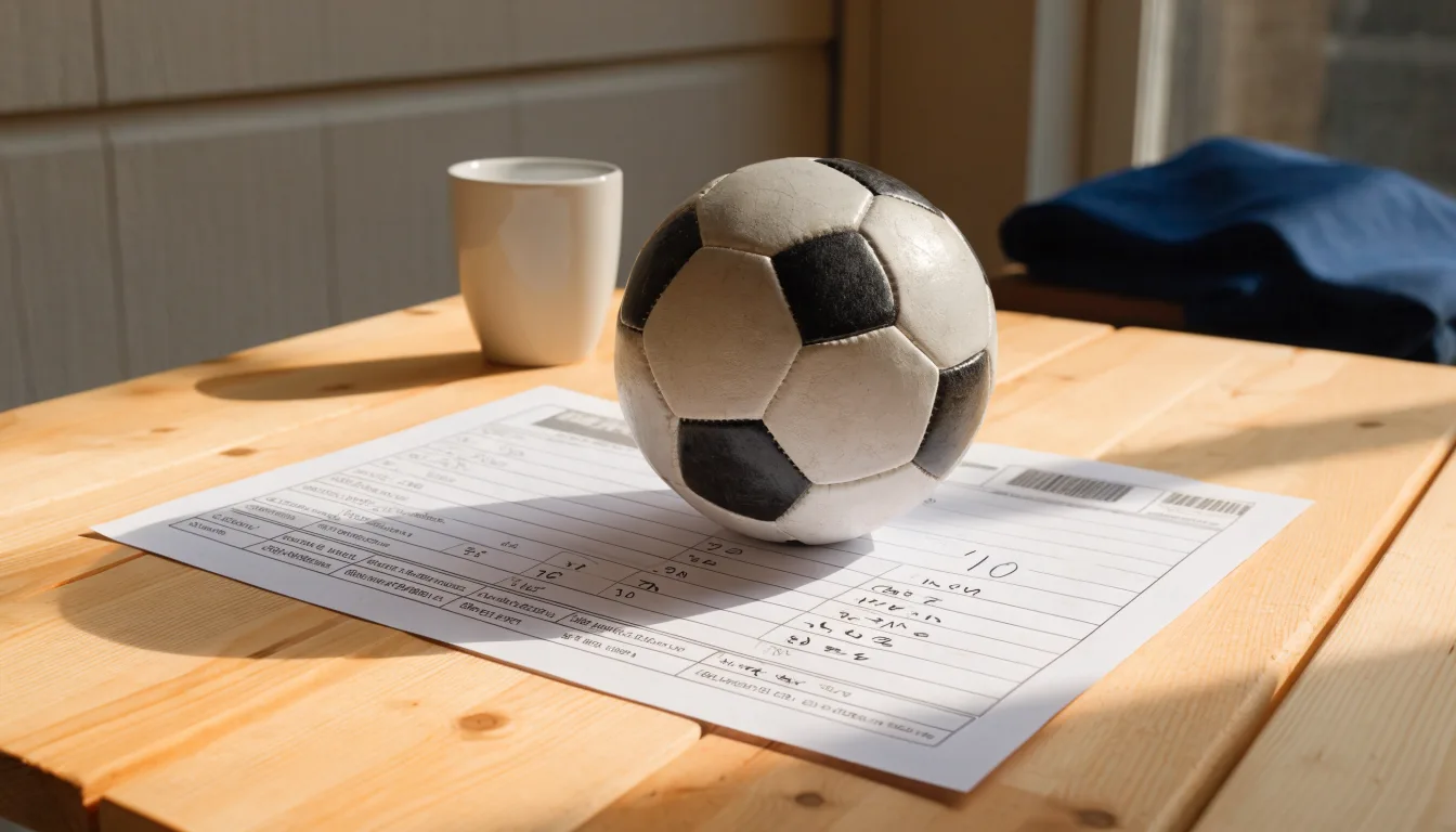 Un pallone da calcio appoggiato su una schedina bianca su un tavolo di legno, alla luce del giorno