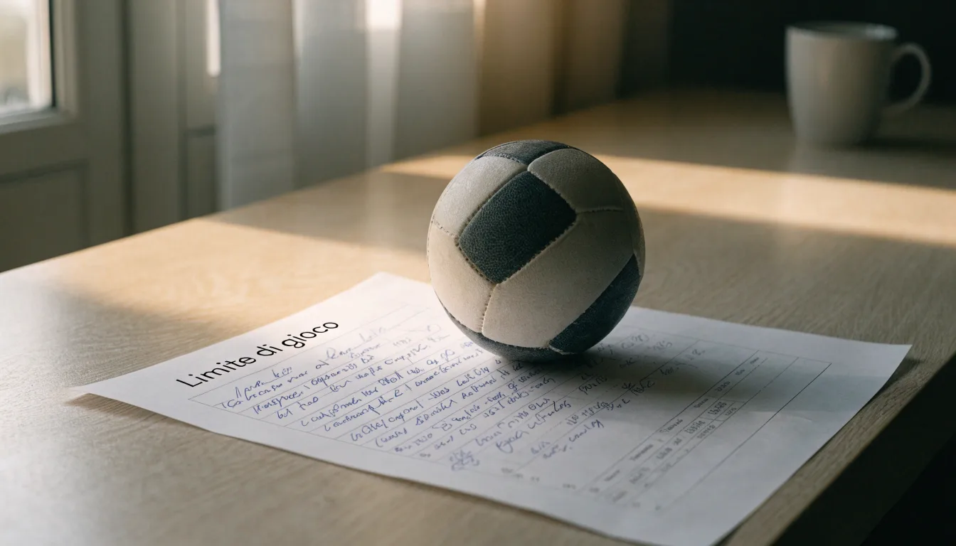 Un pallone da calcio appoggiato su una schedina bianca su un tavolo di legno, alla luce del giorno