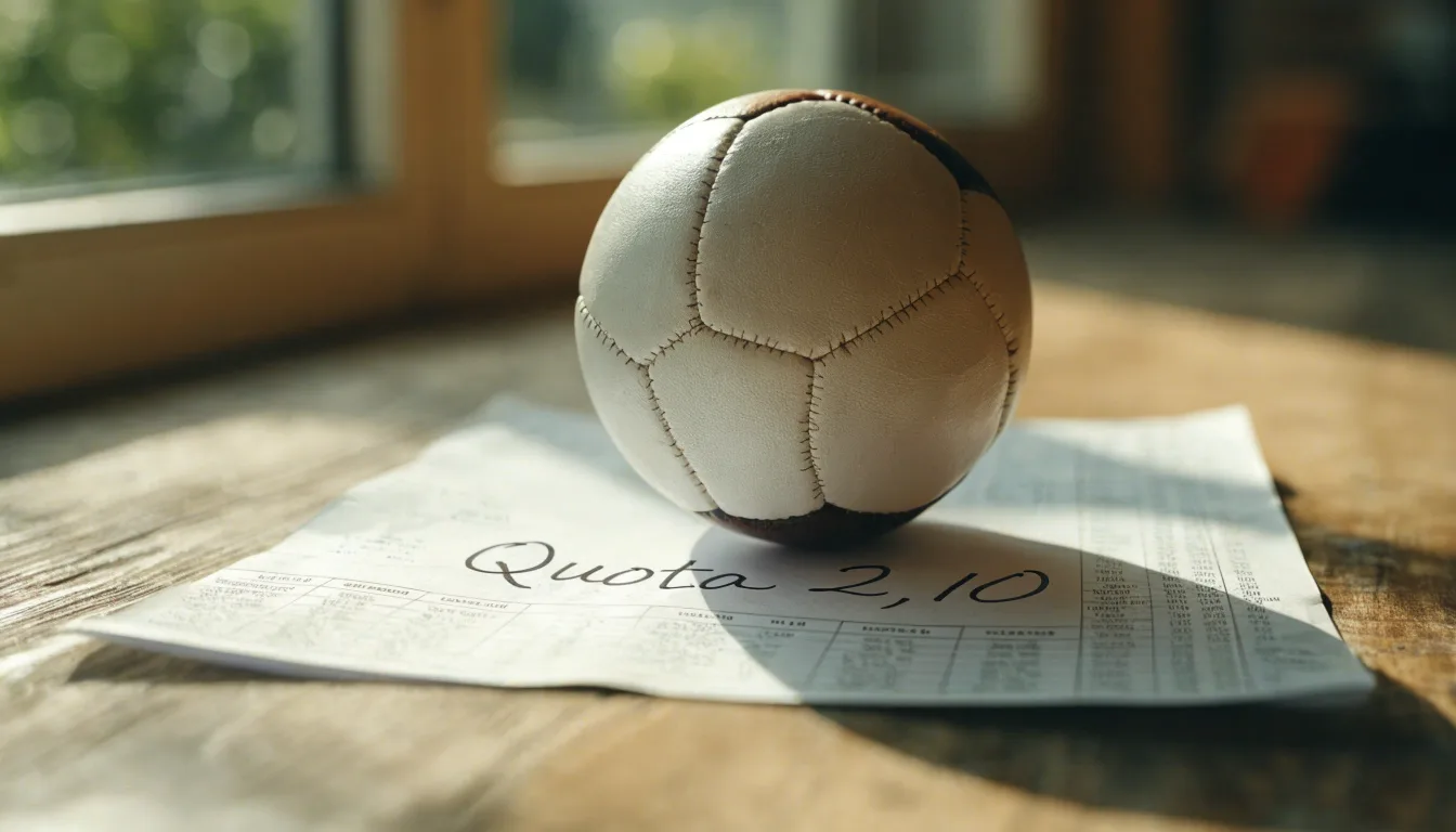 Un pallone da calcio appoggiato su una schedina bianca su un tavolo di legno, alla luce del giorno