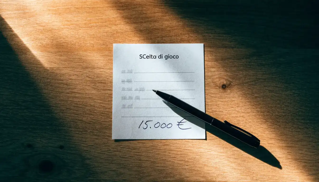 Un foglio di concessione in carta con un timbro rosso, appoggiato su una scrivania di legno accanto a una penna
