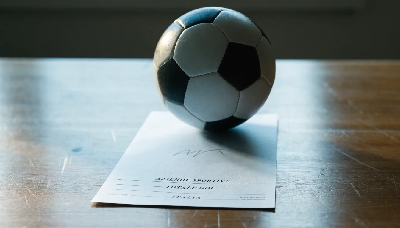 Un pallone da calcio appoggiato su una schedina bianca su un tavolo di legno, alla luce del giorno