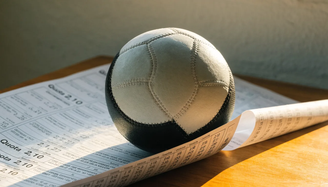 Un pallone da calcio appoggiato su una schedina bianca su un tavolo di legno, alla luce del giorno