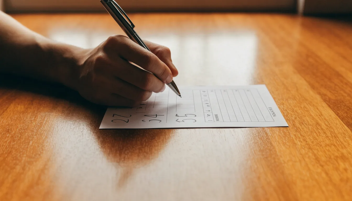 Un foglio di concessione in carta con un timbro rosso, appoggiato su una scrivania di legno accanto a una penna