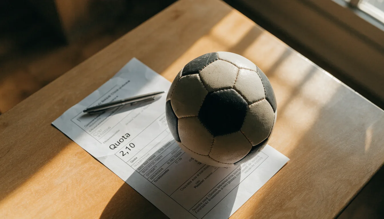 Un pallone da calcio appoggiato su una schedina bianca su un tavolo di legno, alla luce del giorno