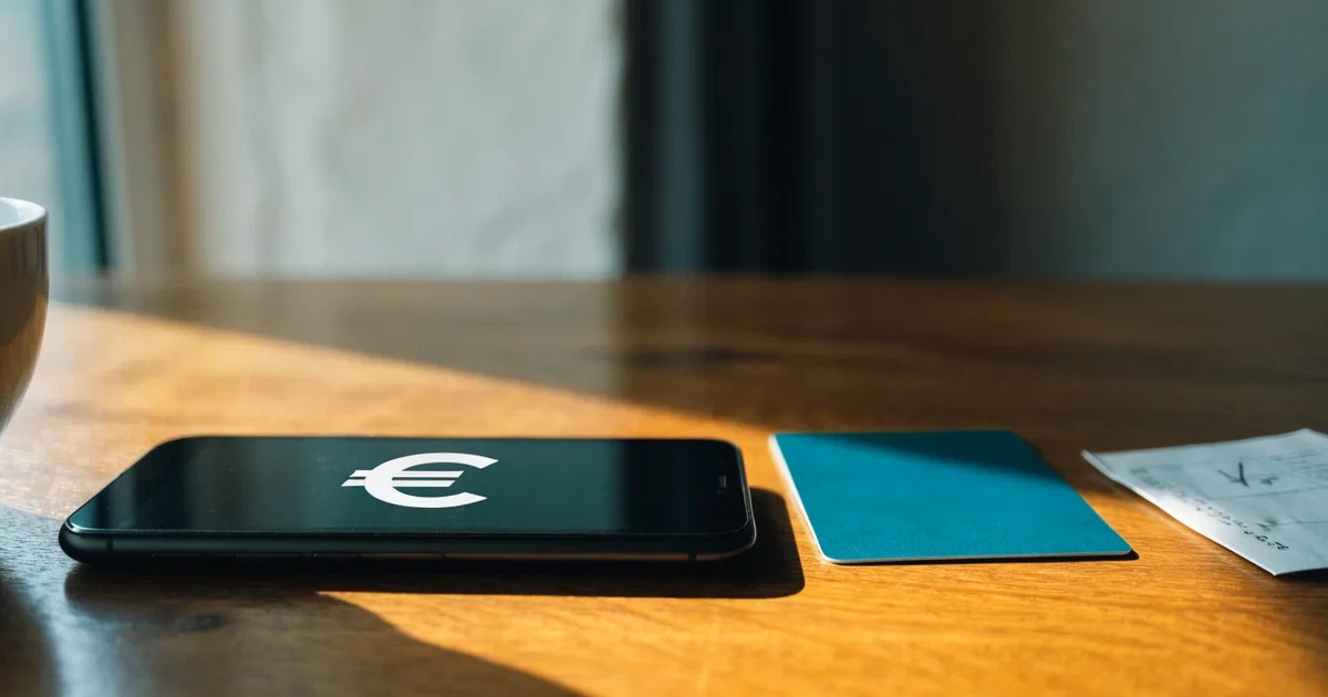 Uno smartphone e una carta di pagamento affiancati su un tavolo di legno, con alcune banconote da euro accanto