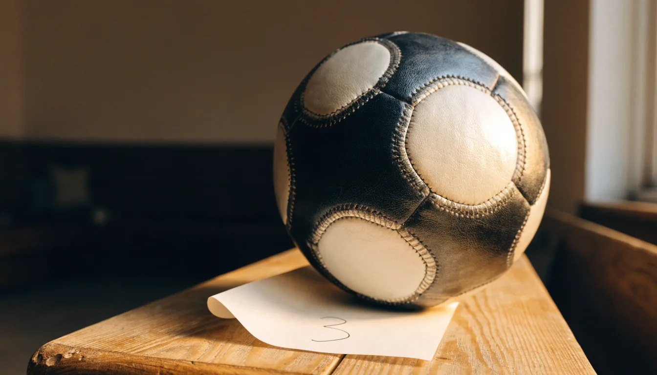 Un pallone da calcio appoggiato su una schedina bianca su un tavolo di legno, alla luce del giorno