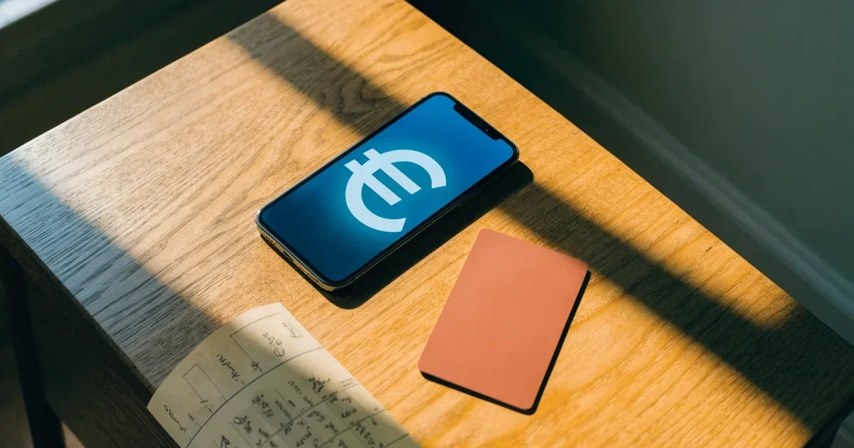 Uno smartphone e una carta di pagamento affiancati su un tavolo di legno, con alcune banconote da euro accanto