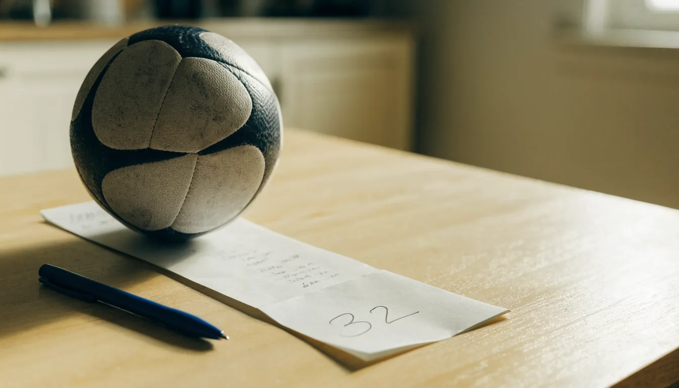 Un pallone da calcio appoggiato su una schedina bianca su un tavolo di legno, alla luce del giorno