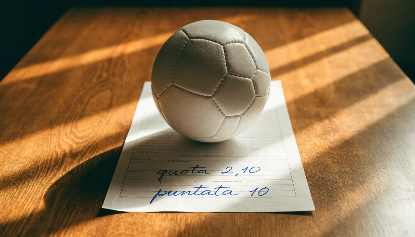 Un pallone da calcio appoggiato su una schedina bianca su un tavolo di legno, alla luce del giorno