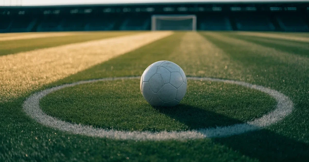 Un pallone da calcio sul dischetto del centrocampo di un prato, alla luce del mattino