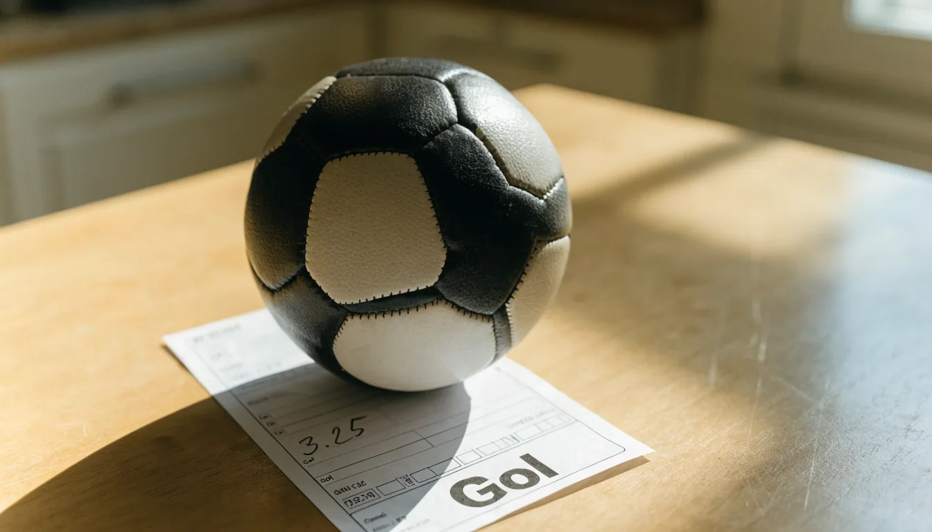Un pallone da calcio appoggiato su una schedina bianca su un tavolo di legno, alla luce del giorno