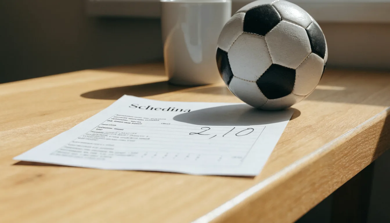 Un pallone da calcio appoggiato su una schedina bianca su un tavolo di legno, alla luce del giorno