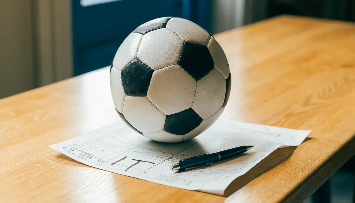 Un pallone da calcio appoggiato su una schedina bianca su un tavolo di legno, alla luce del giorno