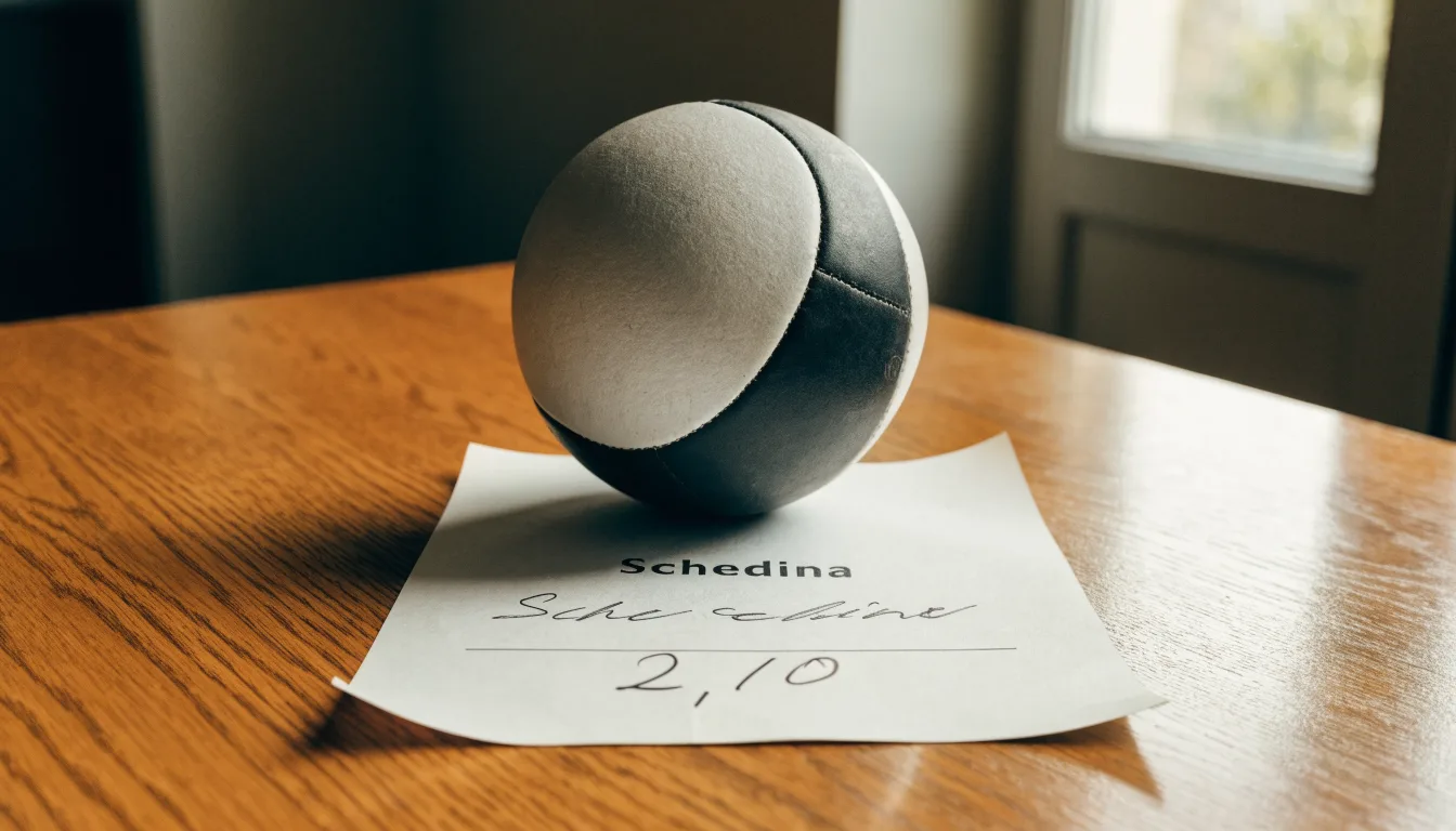 Un pallone da calcio appoggiato su una schedina bianca su un tavolo di legno, alla luce del giorno