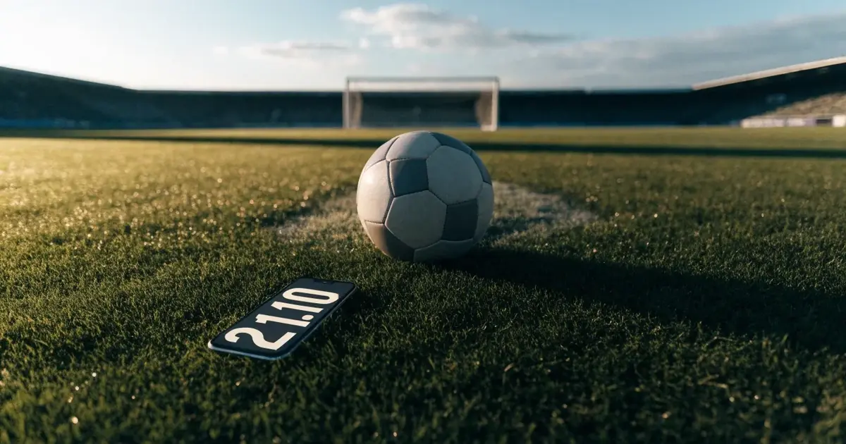 Un pallone da calcio sul dischetto del centrocampo di un prato, alla luce del mattino