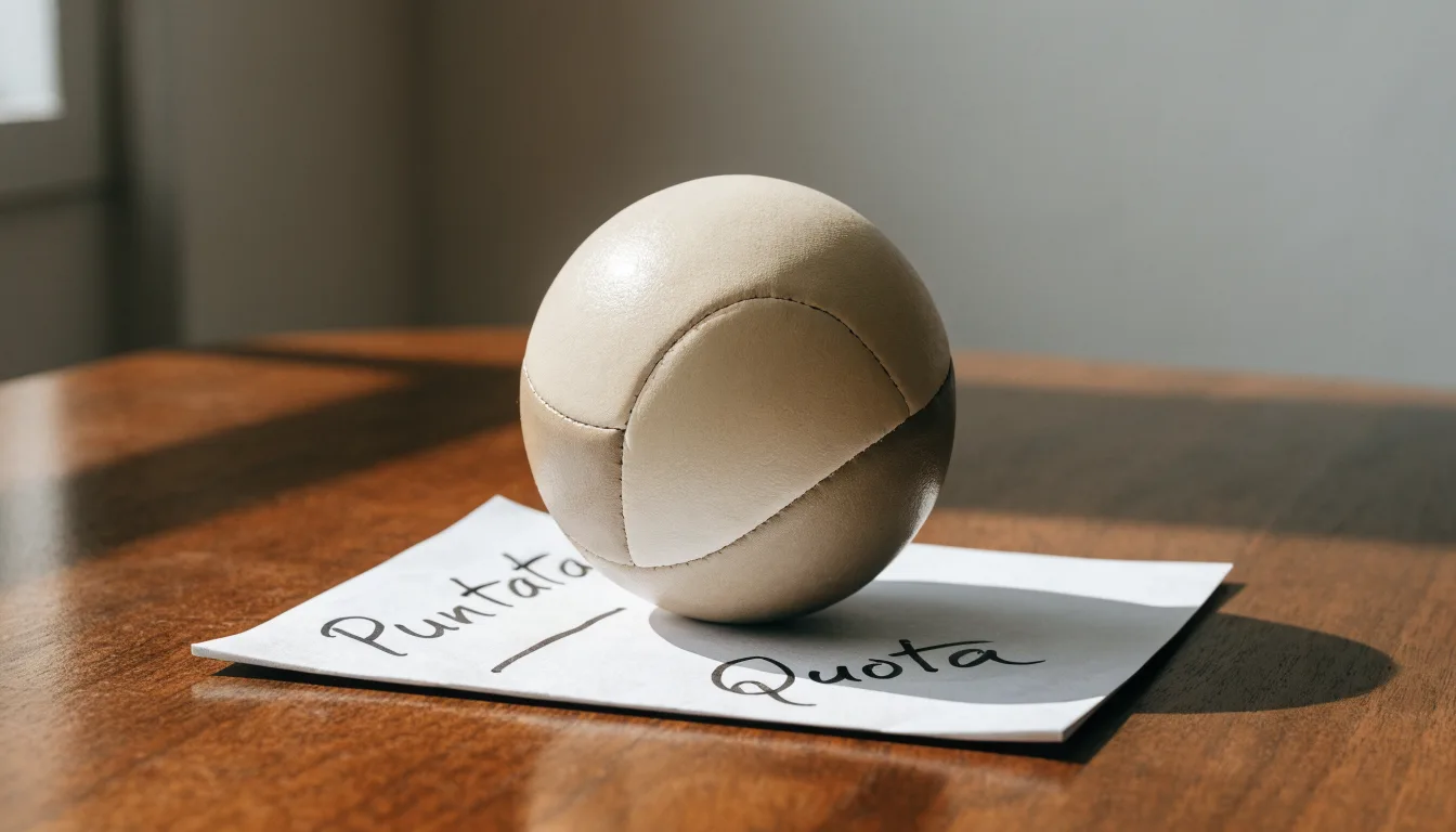 Un pallone da calcio appoggiato su una schedina bianca su un tavolo di legno, alla luce del giorno