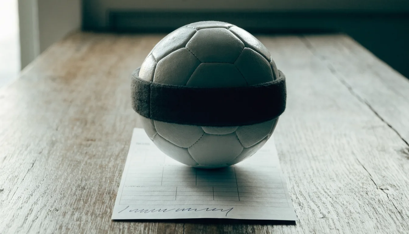 Un pallone da calcio appoggiato su una schedina bianca su un tavolo di legno, alla luce del giorno
