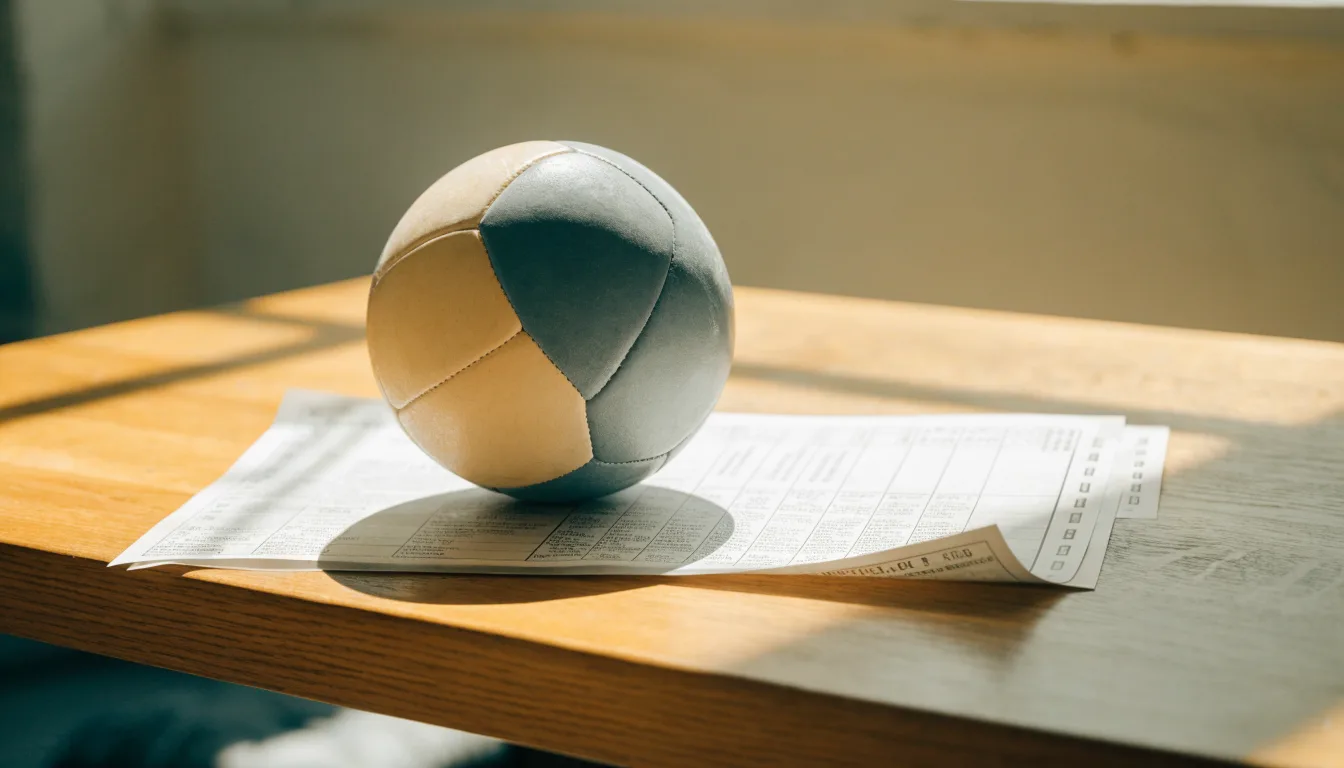 Un pallone da calcio appoggiato su una schedina bianca su un tavolo di legno, alla luce del giorno